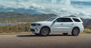 White 2021 Dodge Durango in Front of Mountains
