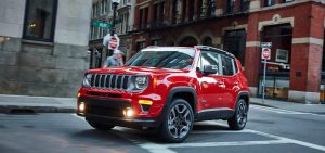 Red 2021 Jeep Renegade Driving Down the Road