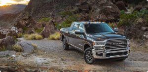 Silver 2021 Ram 2500 in Front of Rocky Mountains